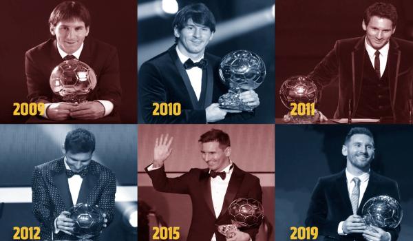 Kolase Lionel Messi dan enam kali raihan Ballon d'Or sejak 2009 (Foto: fcbarcelona.com)