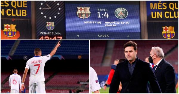 Mauricio Roberto Pochettino Trossero (kanan bawah) bangga dengan Mbappé (kiri bawah) yang jadi pencetak hattrick ketiga ke gawang Barcelona setelah Faustino Asprilla & Andriy Shevchenko (psg.fr)