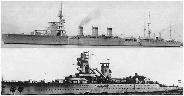 Kapal penjelajah ringan Nagara (atas) & HNMLS De Ruyter, dua kapal komando Jepang dan ABDA. (Modellversium: Japanese Light Cruisers of World War II in Action/nationaalarchief.nl).