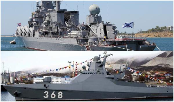 Moskva (atas) dan Vasily Bykov yang menyerang Pulau Zmiinyi pada Februari 2022 (mil.ru)