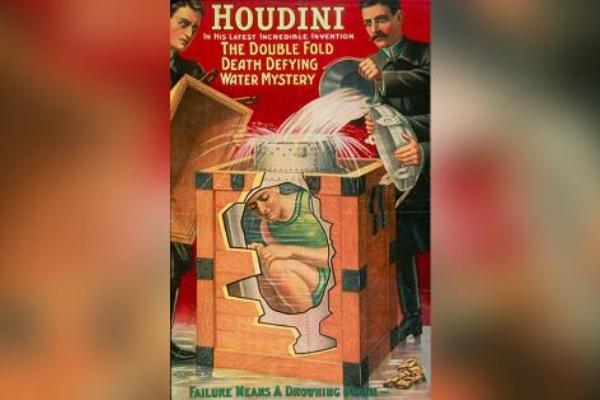 Poster pertunjukan Harry Houdini melakukan trik sulap Milk Can Esccape. (New York Public Library).