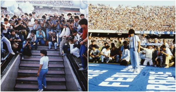 Momen Diego Armando Maradona menyapa publik Napoli di Stadio San Paolo (Twitter @AS_Historia)