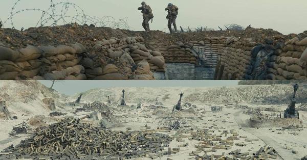 Kolase adegan Kopral Schofield dan Blake yang menemukan parit-parit Jerman yang ditinggalkan usai mundur dari posisinya (Foto: Universal Pictures)