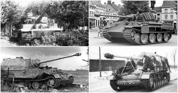 Searah jarum jam: Tank Tiger I/PzKpfw VI, Panther/PzKpfw V, Nashorn/Sdf.Kfz 164 & Elefant/Sdf.Kfz 184 (Bundesarchiv)