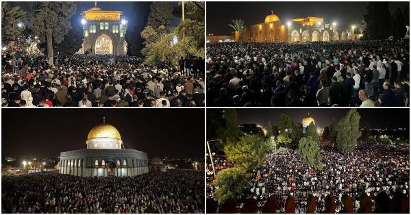 Ratusan ribu jamaah shalat tarawih memadati Masjid Al-Aqsa di malam Lailatul Qadar (Twitter @MuhammadSmiry)
