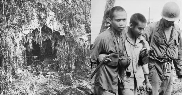 Salah satu rangkaian gua di timur Pulau Biak (kiri) & dua dari 200 serdadu Jepang yang menyerah pada Tentara Amerika. (awm.gov.au/US Army).