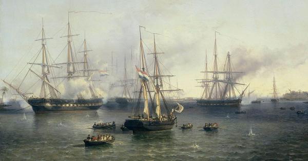 Armada Belanda yang dipimpin Letnan Jenderal Hendrik Merkus de Kock dalam menaklukan Kesultanan Palembang tahun 1821. Lukisan karya Louis Meijer. (Rijksmuseum/Wikipedia Commons).