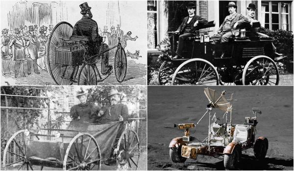 Searah jarum jam: kolase mobil listrik ciptaan Gustave Pierre Trouvé, Thomas Parker, Andreas Flocken dan LRV milik NASA. (Bibliothèque Nationale de France/evrijders.nl/Deutsches Museum/nasa.gov).