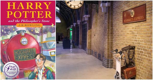 Novel pertama Harry Potter and the Philosopher's Stone (kiri) dan Peron 9¾ yang terinspirasi dari novel Narnia & kisah cinta ayah-ibunya (bloomsbury.com/wbstudiotour.co.uk)