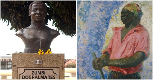 Patung dada (kiri) & lukisan Zumbi karya Antônio Parreiras (Agência Brasil/Museu Antônio Parreiras)