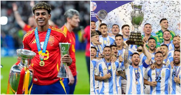 Lamine Yamal Nasraoui Ebana (kiri) dengan trofi Piala Eropa & Lionel Andrés Messi dkk yang menjuarai Copa América (X @EURO2024 @CopaAmerica)