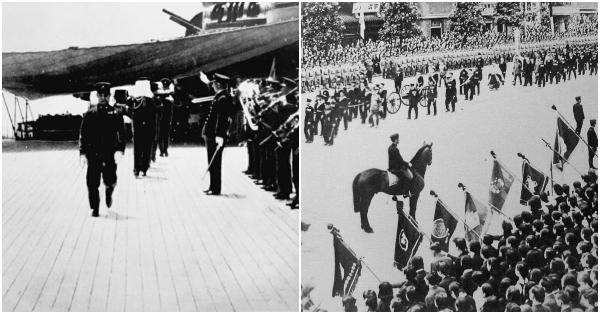 Abu Yamamoto dibawa dari Bouganville (kiri) & dan upacara militer persemayamannya di Tokyo (Kondansha International/The Examiner edisi 28 Mei 1943)