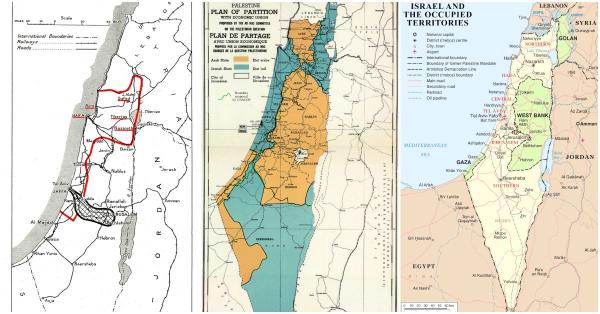 Ki-ka: Wilayah Palestina dan Israel menurut rencana partisi dari era Komisi Peel, Resolusi 181 PBB, dan pasca-Perang Enam Hari (WIkipedia)