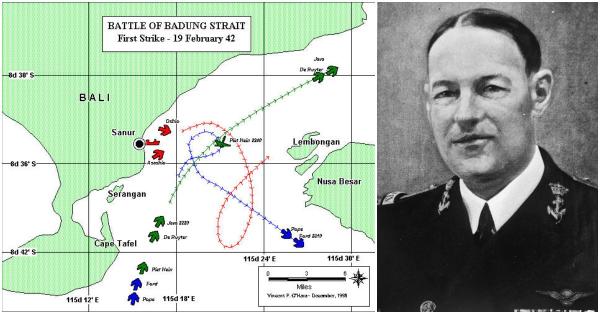 Skema pendaratan dan Pertempuran Selat Badung (kiri) & komandan laut ABDA Laksamana Karel Willem Frederik Marie Doorman. (microworks.net/nationaalarchief.nl).