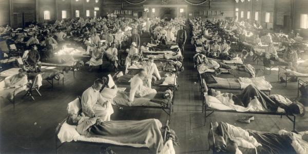 Rumah sakit darurat selama pandemi Flu Spanyol di Camp Funston, Kansan, Amerika Serikat, pada 1918. (Wikimedia Commons).