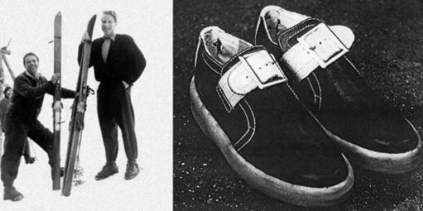 Dr. Klaus Maertens (kanan) bermain ski dan prototipe sepatu buatannya. (drmartens.com).