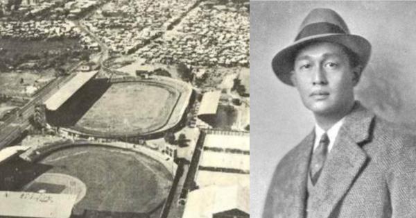 Rizal Memorial Stadium pada 1960 (kiri) dan arsiteknya Juan Arellano (Foto: Repro "The Role of Sports Facilities in Metro Manila’s Urban Living from the 1930s to 1970s")