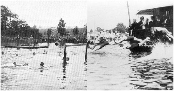 Cabang polo air (kiri) & renang di Olimpiade 1900 di Sungai Seine (olympics.com/Librairie Larousse)