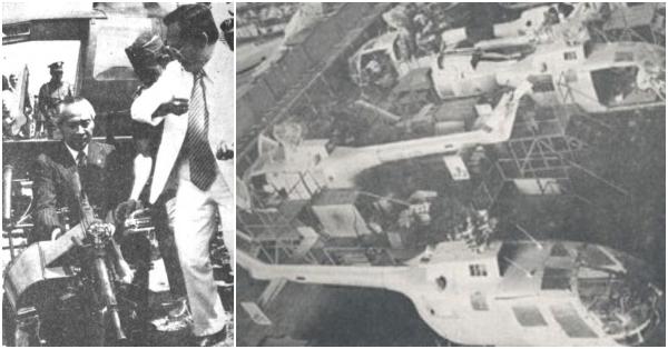 Presiden Soeharto mengamati perakitan NBO-105 versi militer (kiri) & assembly line NBO-105 karya IPTN dibawah lisensi MBB (Angkasa edisi September-Oktober 1976/Dari Pare-Pare Lewat Aachen)