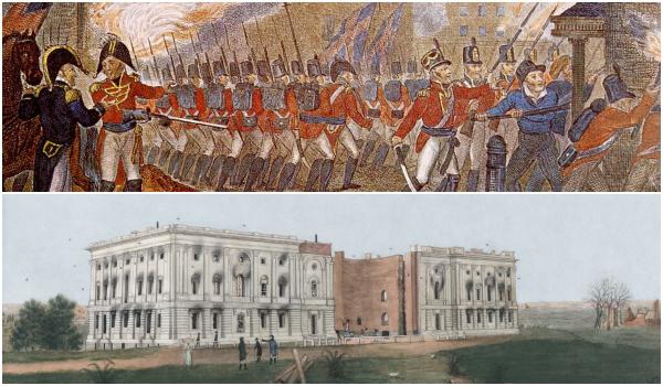 Pasukan Inggris memasuki Washington City (atas) dan Gedung Capitol setelah dibakar Inggris (bawah). (Library of Congress/Repro History of England, from the Earliest Periods).