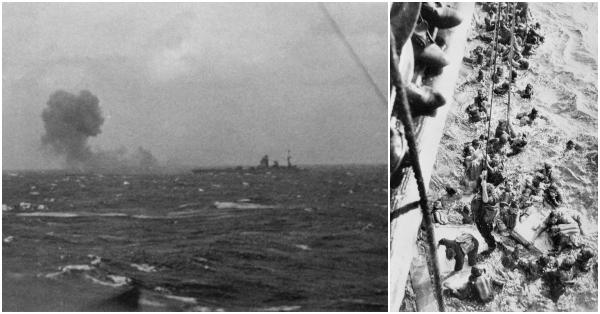 Hancurnya Bismarck (kiri) dan para krunya yang diselamatkan kapal Inggris (iwm.org.uk)