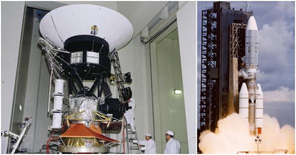 Wahana Voyager 2 (kiri) dan peluncurannya dengan roket Titan IIIE (NASA)