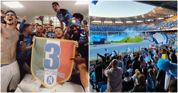 Selebrasi skuad Napoli di ruang ganti Dacia Arena (kiri) dan fans di Stadio Diego Armando Maradona (Twitter @sscnapoli/@SerieA)