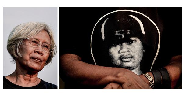 Kiri: Maria Sumarsih, ibunda dari Wawan, korban Tragedi Semanggi. Kanan: gambar Wawan yang selalu melekat di kaos sang Ibunda. (Fernando Randy/Historia).