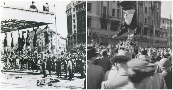 Mayat Mussolini yang dipertontonkan ke publik di Alun-Alun Piazzale Loreto (Encyclopædia Britannica/lombardiabeniculturali.it)