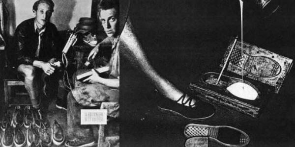 Dr. Klaus Maertens dan temannya sedang membuat sepatu pada 1945. (drmartens.com).