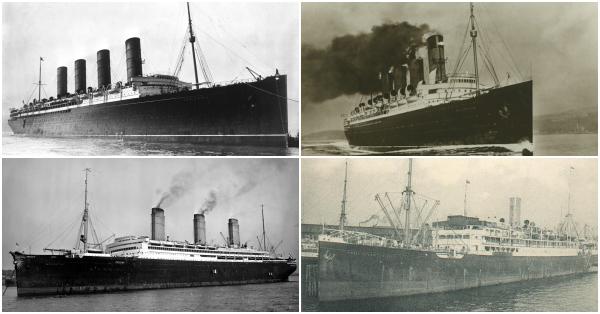 Pesaing Titanic, searah jarum jam: Lusitania, Mauretania, König Friedrich August, Imperator (schiffe-maxime.de/loc.govtwmuseums.org.uk)
