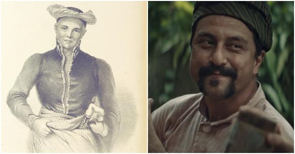 Ilustrasi sosok asli Pengiran Indera Mahkota (kiri) & karakterny dalam film Rajah (British Library)