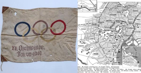 Panji Olimpiade Tokyo 1940 dan rencana pembangunan komplek olahraga yang sayangnya batal digelar (Foto: Tokyo Museum)
