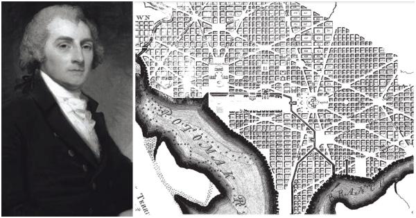 Arsitek William Thornton (kiri) dan cetak biru L'Enfant Plan. (National Gallery of Art/Repro: History of the United States Capitol).