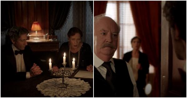 Dua adegan Harry Houdini yang menuduh Lady Doyle penipu (History Channel)