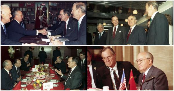 Kolase pertemuan Mikhail Sergeyevich Gorbachev dengan Presiden George Herbert Walker Bush di kapal Maxim Gorky (George H. W. Bush Presidential Library)