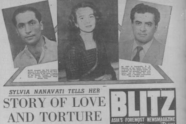 Tabloid Blitz memberitakan kasus Nanavati. Kiri-kanan: Nanavati, Sylvia, dan Prem Ahuja.