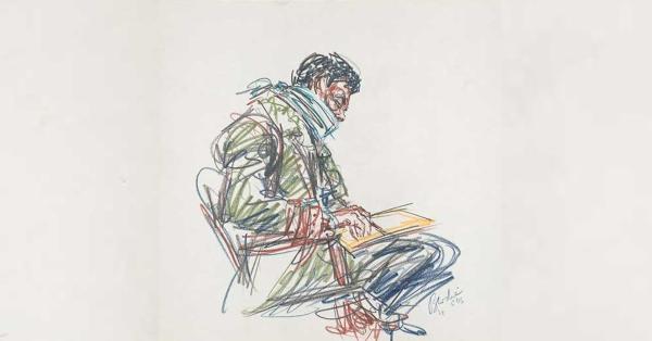 Ilustrasi terdakwa Bobby Seale yang dirantai di kursinya dalam ruang sidang, karya Howard Brodie (Library of Congress)
