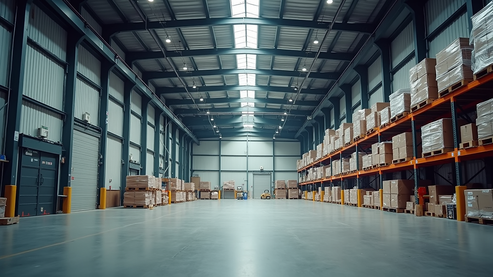 Wide angle view of a commercial warehouse interior with high ceilings