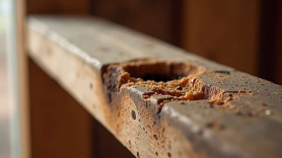 Close-up of a wooden beam with extensive termite damage, showing holes and sawdust. The background is softly blurred, creating a warm tone.