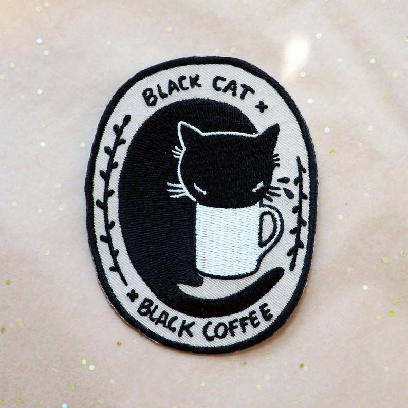 Black Cat Black Coffee Embroidered Iron-on Patch