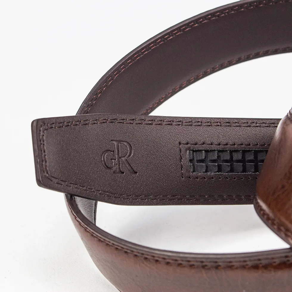 Close-up of a dark brown smart belt with a polished buckle and smooth leather