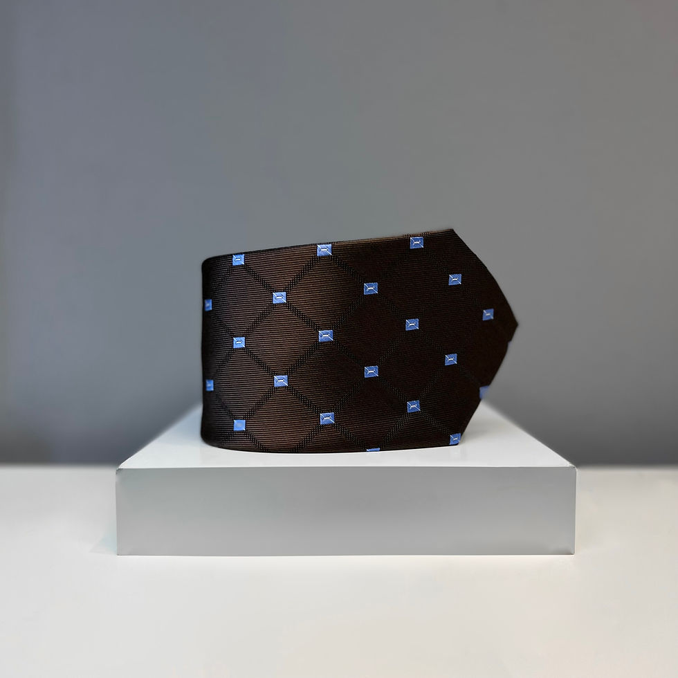 A luxurious brown silk tie with a diamond-stitched pattern and delicate sky blue embroidered squares, elegantly displayed on