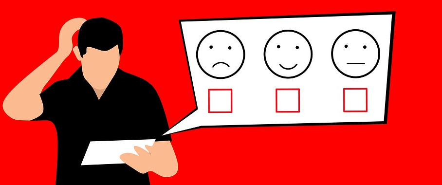 Person scratching head trying to pick between sad face, happy face, and normal face.