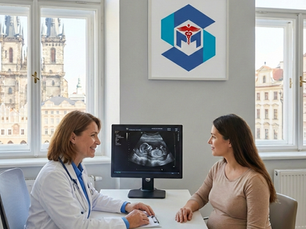 A female gynecologist consults with a pregnant patient next to an ultrasound monitor at Swiss Medical Services in Prague