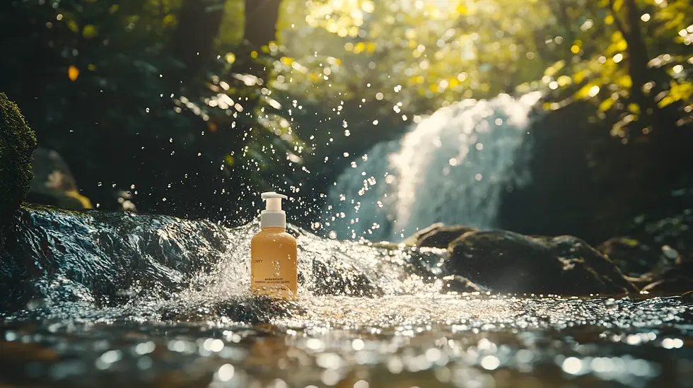 A shampoo bottle product photography in nature