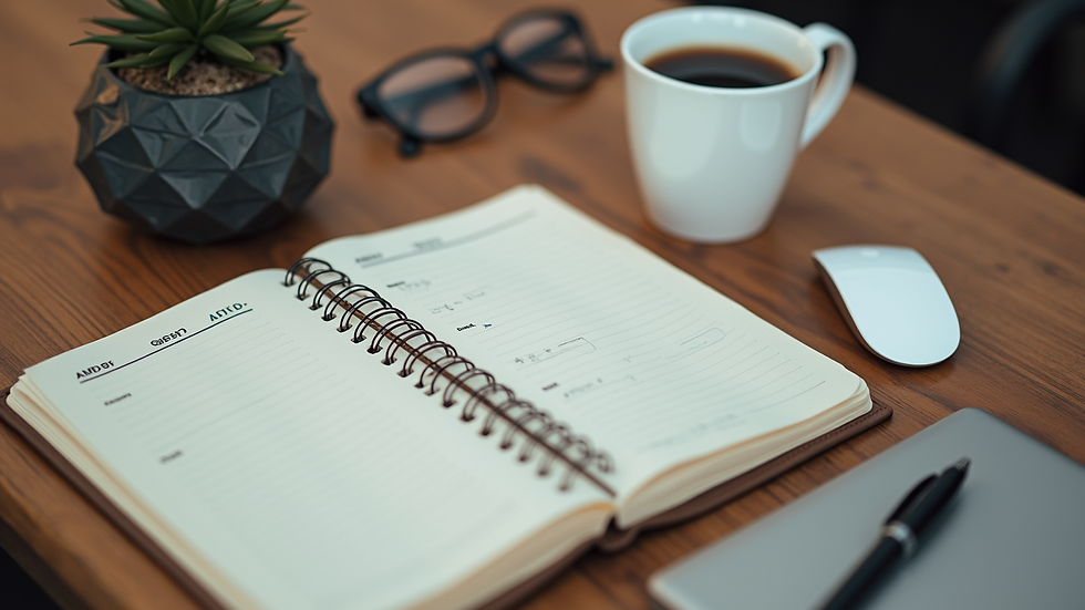 High angle view of a desk with a planner and a cup of coffee