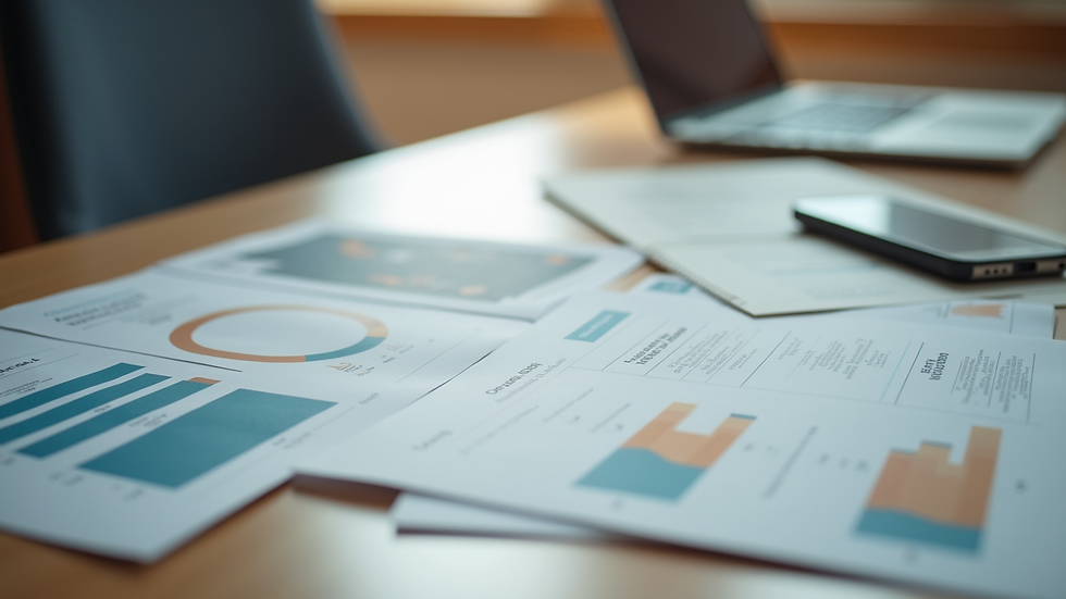 Close-up view of marketing materials spread out on a table
