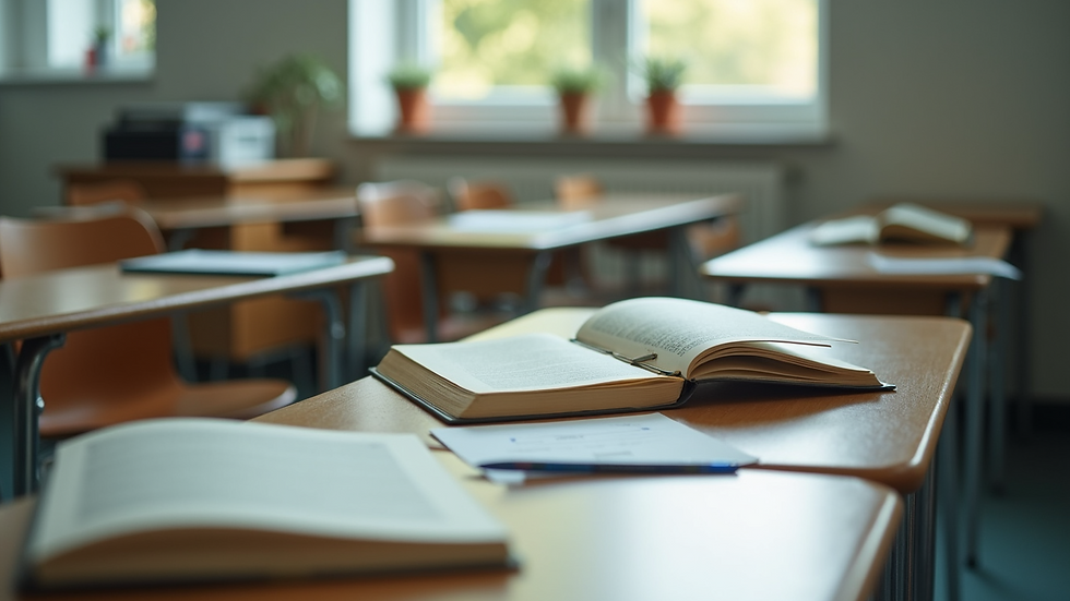 Close-up view of a classroom with diverse educational materials on a desk