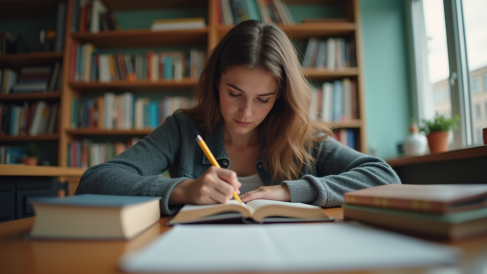 Eye-level view of a student studying with books